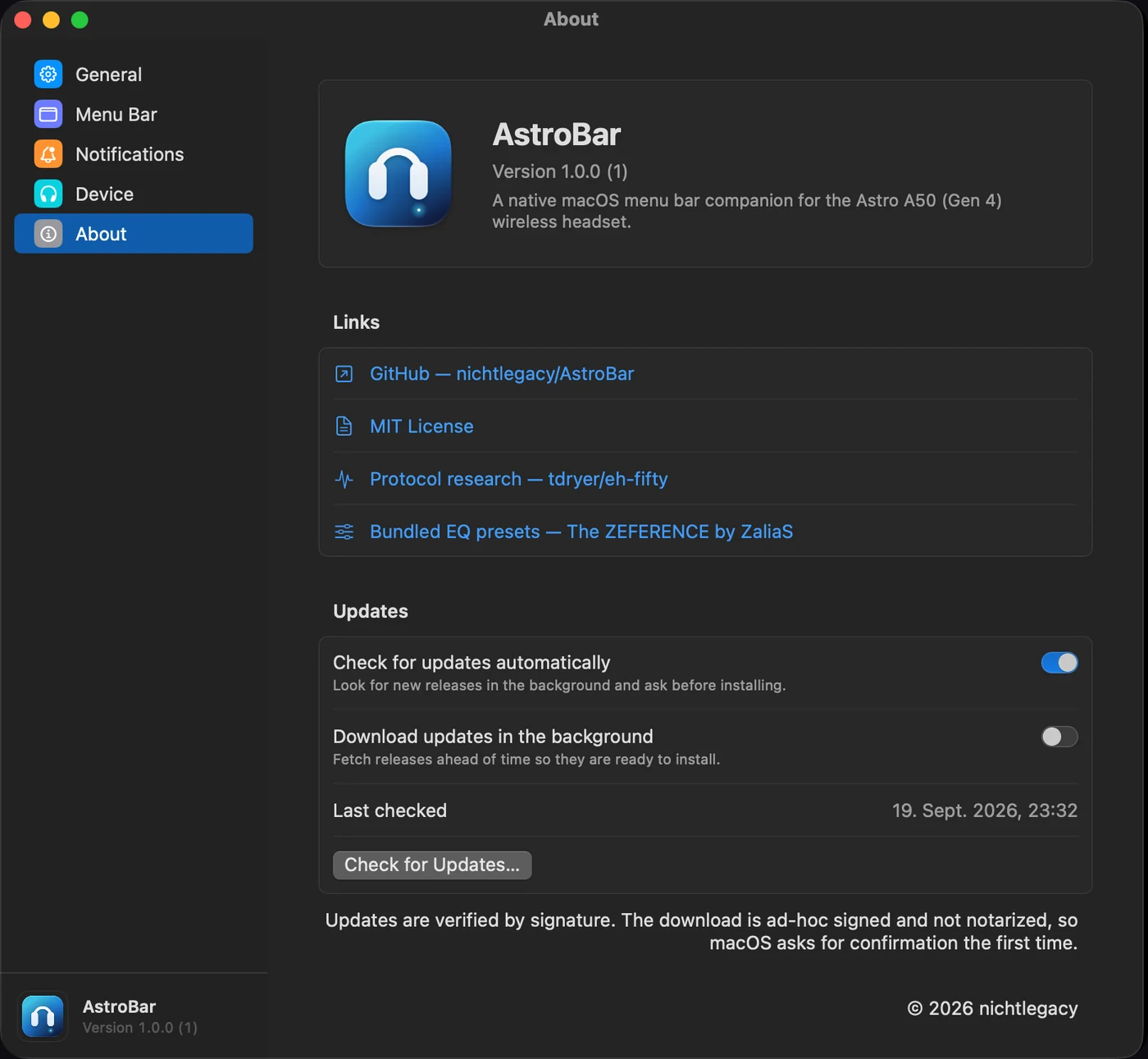 The AstroBar settings window on the About pane, showing version 1.0.0, project links and the Sparkle update controls